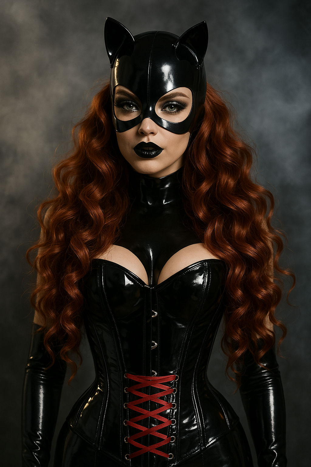A glamorous wearing a black shiny corset with red laces model with very long curly red hair), exudes confidence. She wears , a latex mask an...