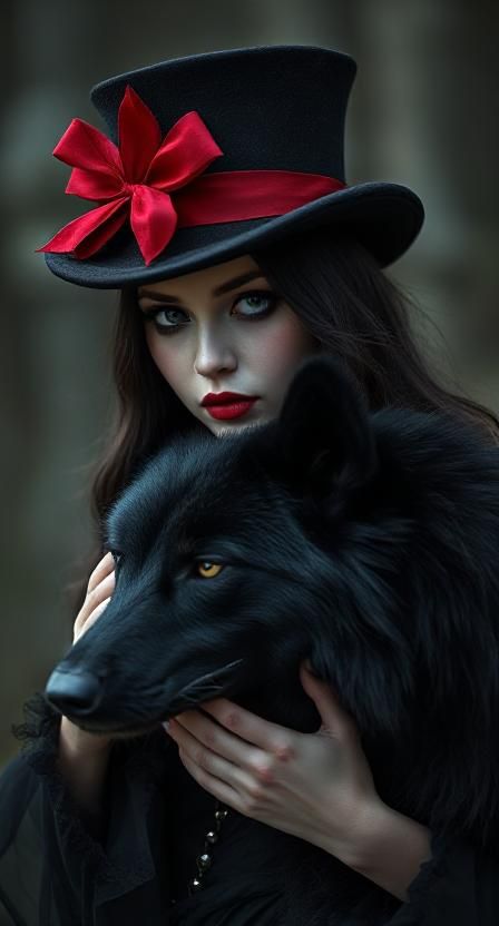 Photographic realistic wearing a mini top hat with a red ribbon red it coupling a  big black wolf<lora:-Abstragony-:1.0> <lora:Romantic Goth...