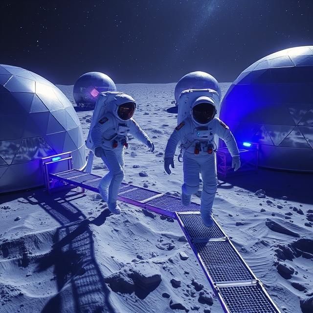 Astronauts in sleek white EVA suits with glowing visor displays navigate gantries between gleaming silver geodesic domes on a crater-pocked ...