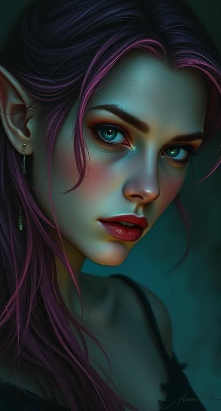 
Gorgeous elf woman with fuchsia hair, Atmospheric expressionist style reminiscent of Egon Schiele. Soft brushstrokes and bold color palette...