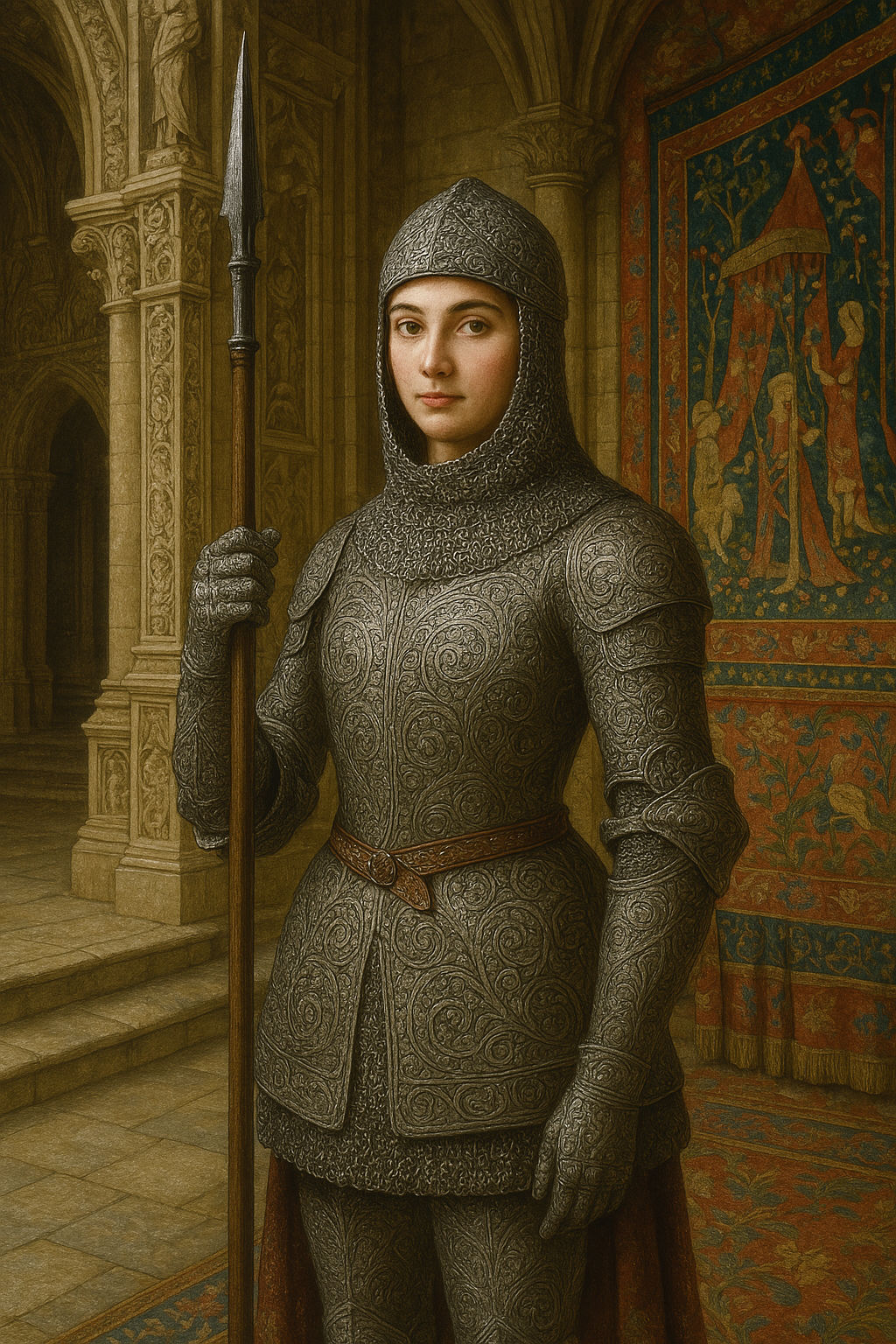 A female guard, clad in a meticulously detailed suit of mail adorned with intricate patterns, stands proudly in the grand hall of a medieval...