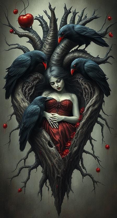 Surreal, grotesque,  absurdly,  a melancholic maiden is trapped in a heart shaped root heart with vübig black spikes, red raven are near to ...