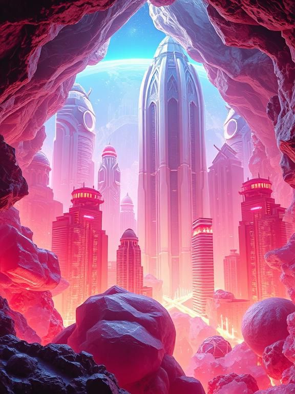 A futuristic metropolis with translucent skyscrapers fused to colossal Rose Quartz clusters thrives inside a planetary-scale geode, bathed i...