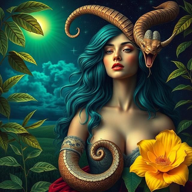  Green leaves, teal hair, blue sky, yellow flower     Chimera of Lion, Goat, Snake    Bright Green Light at Night    Maldoror, Matador, Meta...