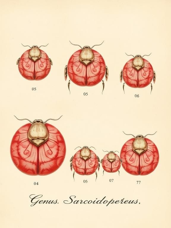 Victorian-style naturalist's hyper realistic illustration drawing of a series of seven different, unique strange arthropods of various sizes...