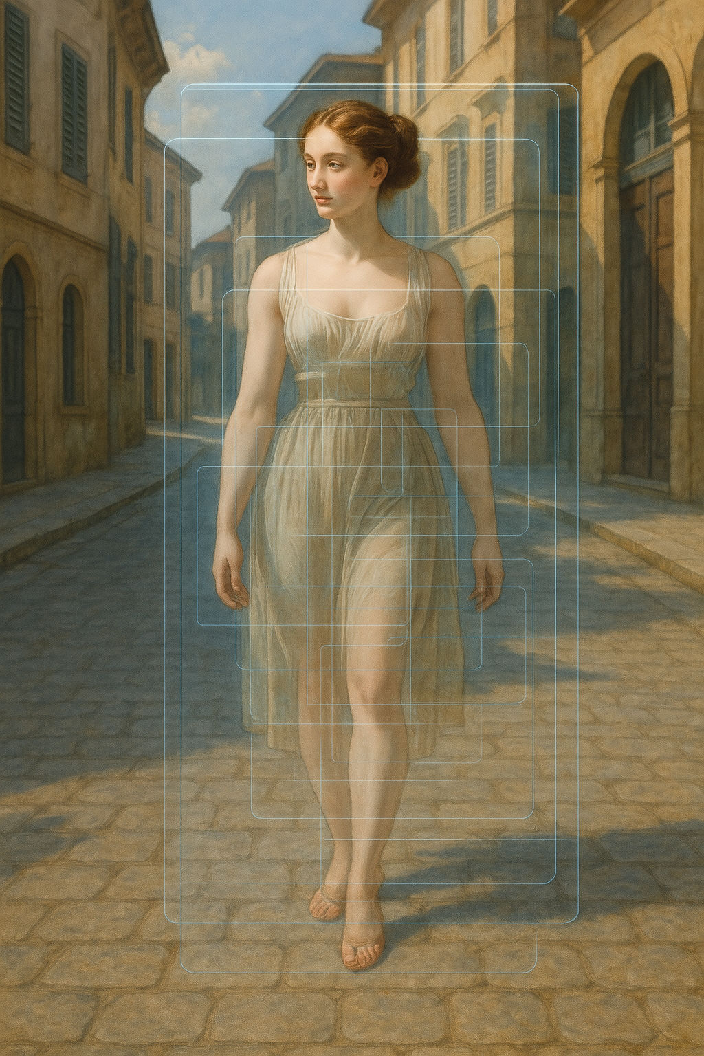 STYLE: "A fusion of Ingres + transparent display technology where neoclassical precision meets see-through layering with holographic depth. ...