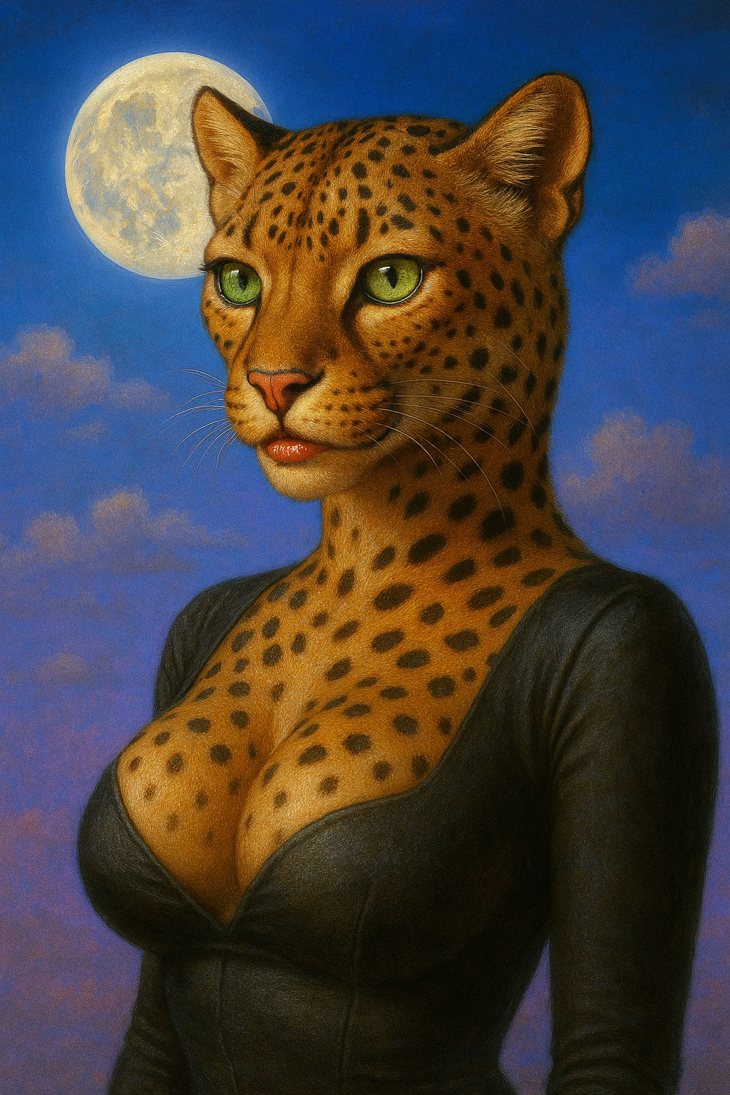 A felis-sapien female, dressed in a black outfit, imbued with the playful essence of pop surrealism. Her bronze fur features leopard spots. ...