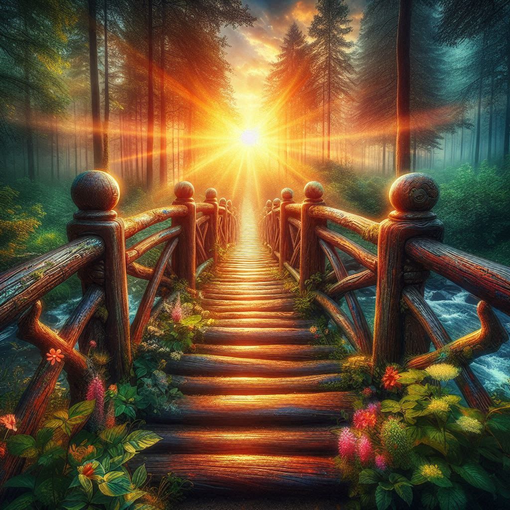 a close up of an old wooden bridge with intrigant banisters leading over a rainbow colored creek meandering through an enchanted forrest. Fl...