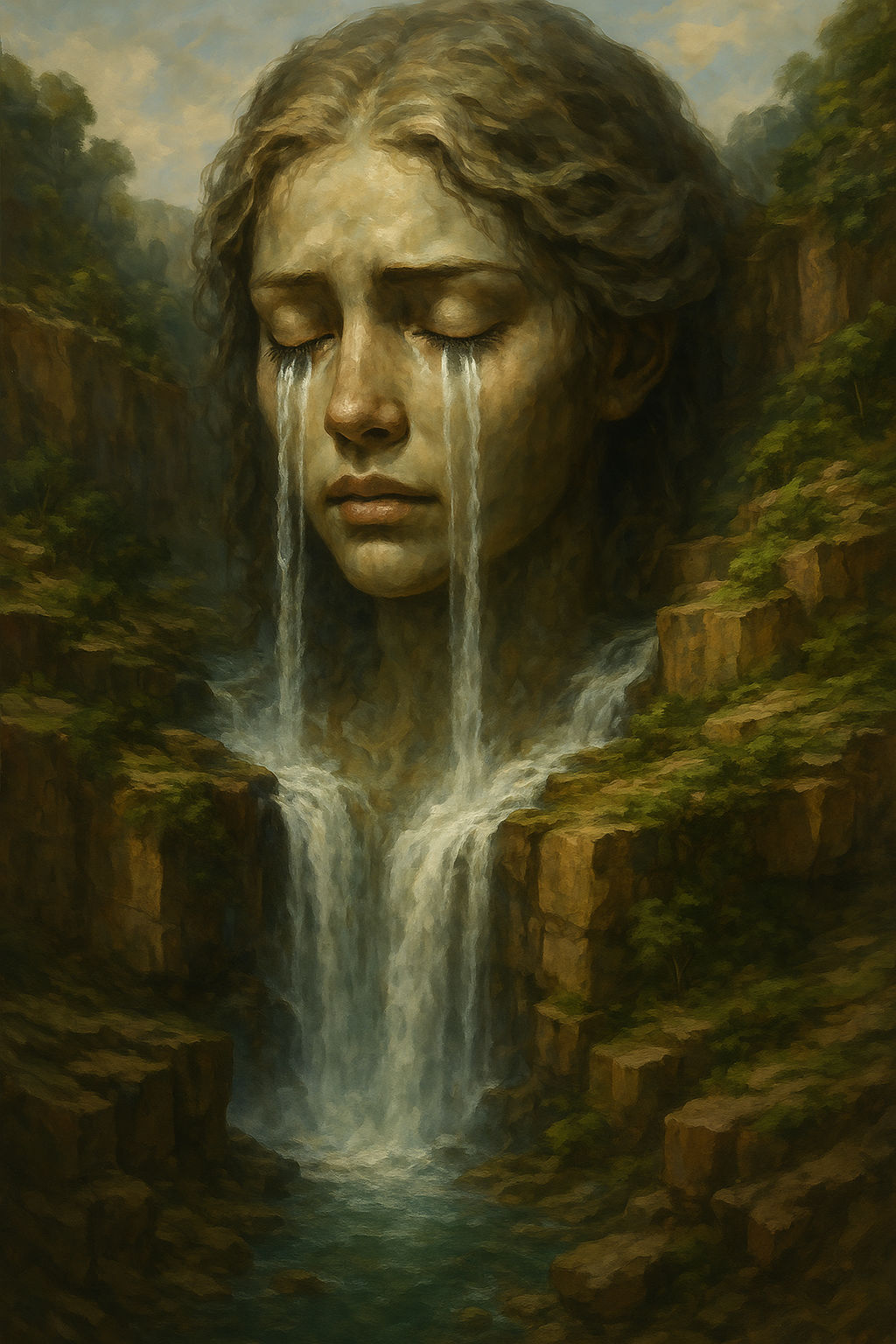 The head of a beautiful woman with distinctive conquesting crying from her eyes, from which the waterfalls flow.