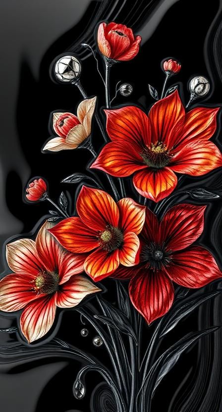 flowers flowers chromed grooved black plated abstract abstract shapes of all types  liquid metal glass abstract abstract pattern, Victor Vas...