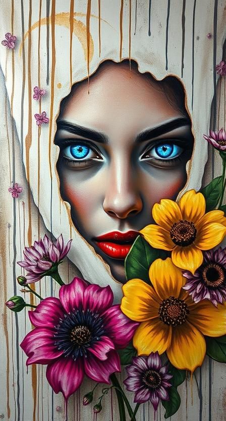  A woman with glowing blue eyes,  her head sticking out from a whimdical painting on canvas obscured by dripping paint. Her gaze is intense,...