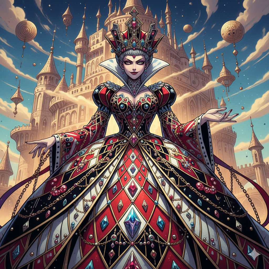 Cinematic anime, Queen of Diamond from Alice in Wonderland, regal pose, intricate gown, dynamic low-angle shot, dramatic lighting, detailed ...