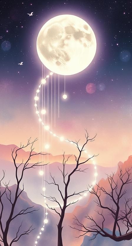 surreal, elegant scene with a large glowing moon at the top, radiating bright moonlight. The moon gently drips luminous orbs that cascade do...
