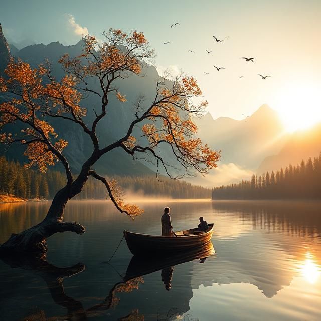 A tranquil mountain lake at dawn, surrounded by towering cliffs and dense forest. A gnarled tree with golden autumn leaves leans over the wa...