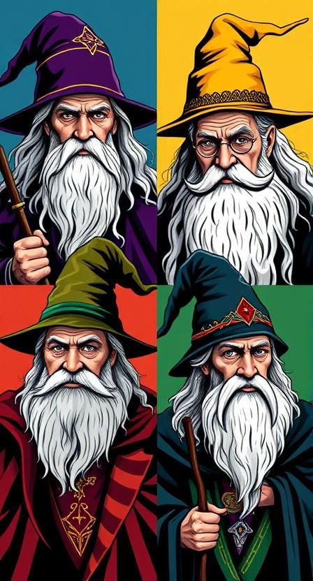 Elminster, Gandalf, merlin and Dumbledore in the style of Liechtenstein pop arte, separate Colored panels, cell shaded, portraits, vector , ...