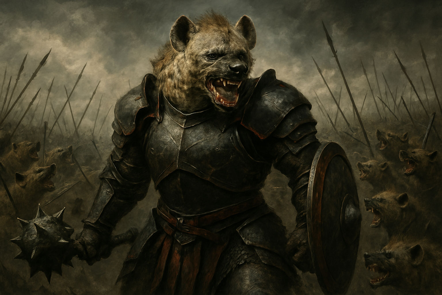 Photographic realistic unreal Engine 5 A large muscular hyena, in black steel armor trimmed in red and black leather, armed with mace and sh...