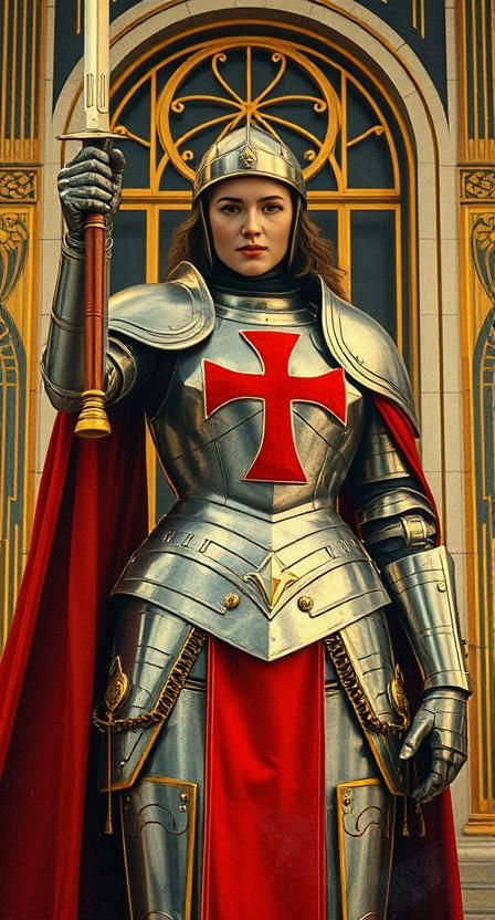 Joan of Arc triumphant, wearing a suit of armor with a red cross; eerie pop art, faded magazine cutouts, ghostly overlays, lo-fi color smear...