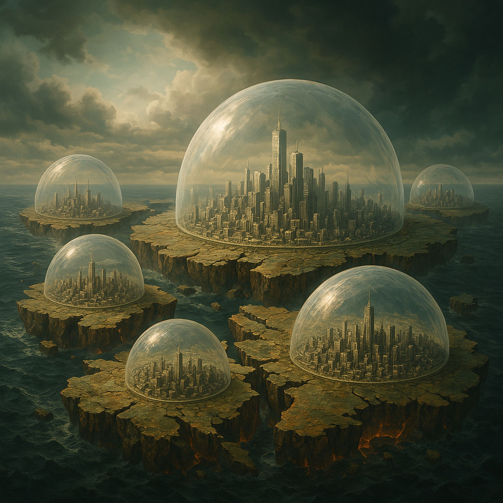 Six colossal transparent domes on a fragmented Earth, each encapsulating a large city, the last hope of mankind