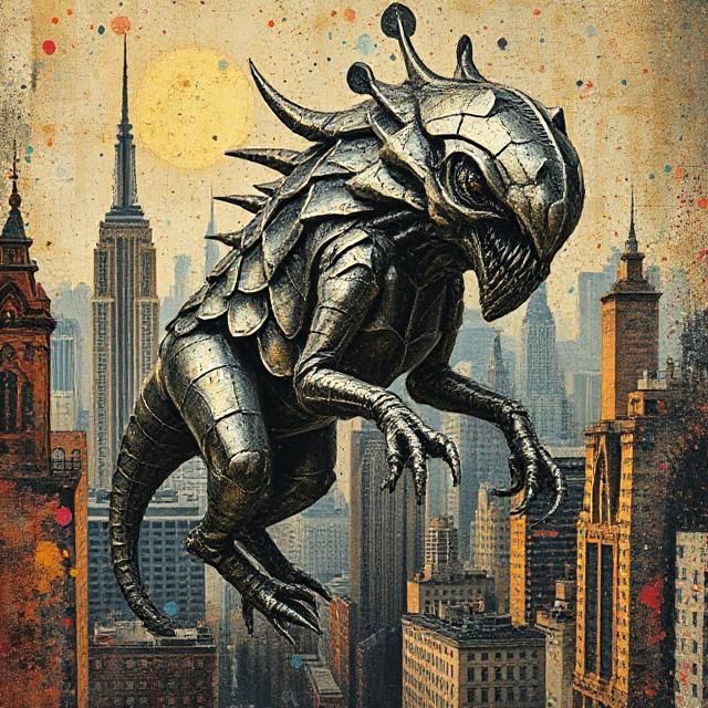 vintage pulp metallic creature metropolis, geometric background newsprint splashed paint dramatic art nouveau rococo architecture Max Ernst ...