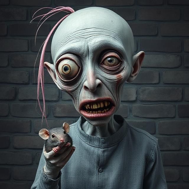 A surreal, stylized portrait of a humanoid figure with grotesque and exaggerated features. The figure has an abnormally large, bald head wit...