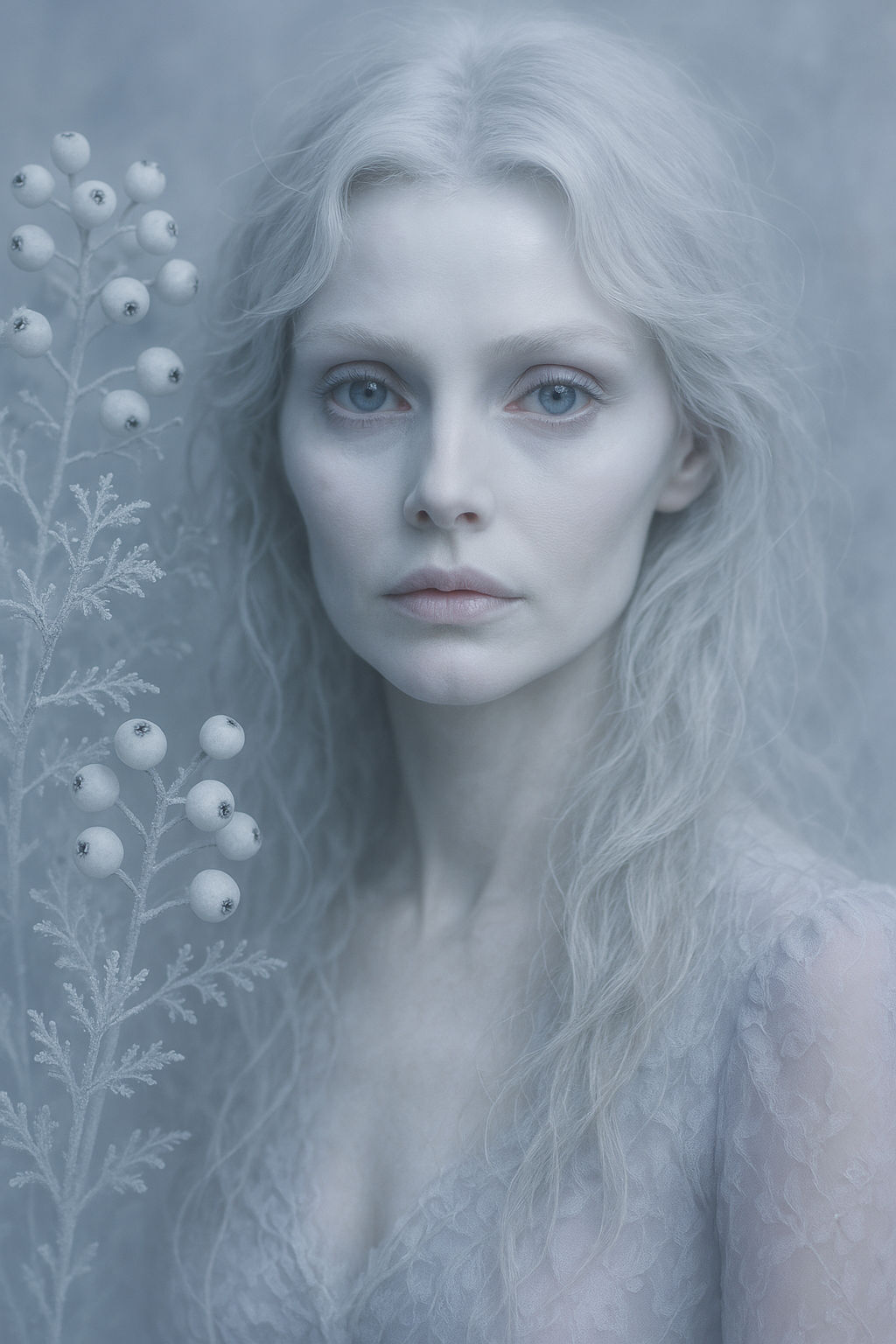  Photographic realistic unreal Engine 5 Surreal high fashion portrait. Close-up, soft focus. Ethereal phantom woman with porcelain skin, dol...