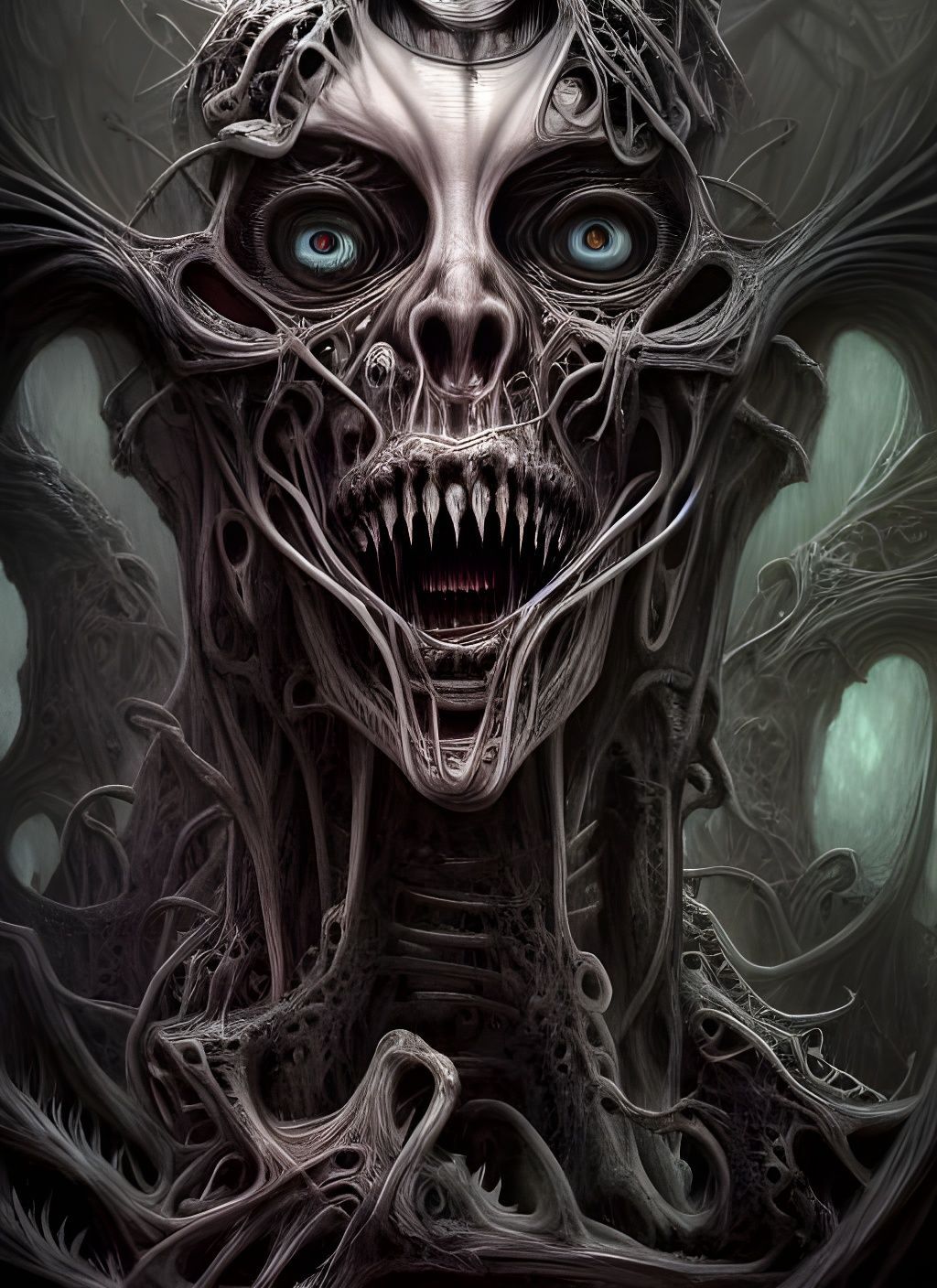 A vintage horror movie poster of the face and eyes of an African American woman, behind her is an old house with trees in front, in the back...