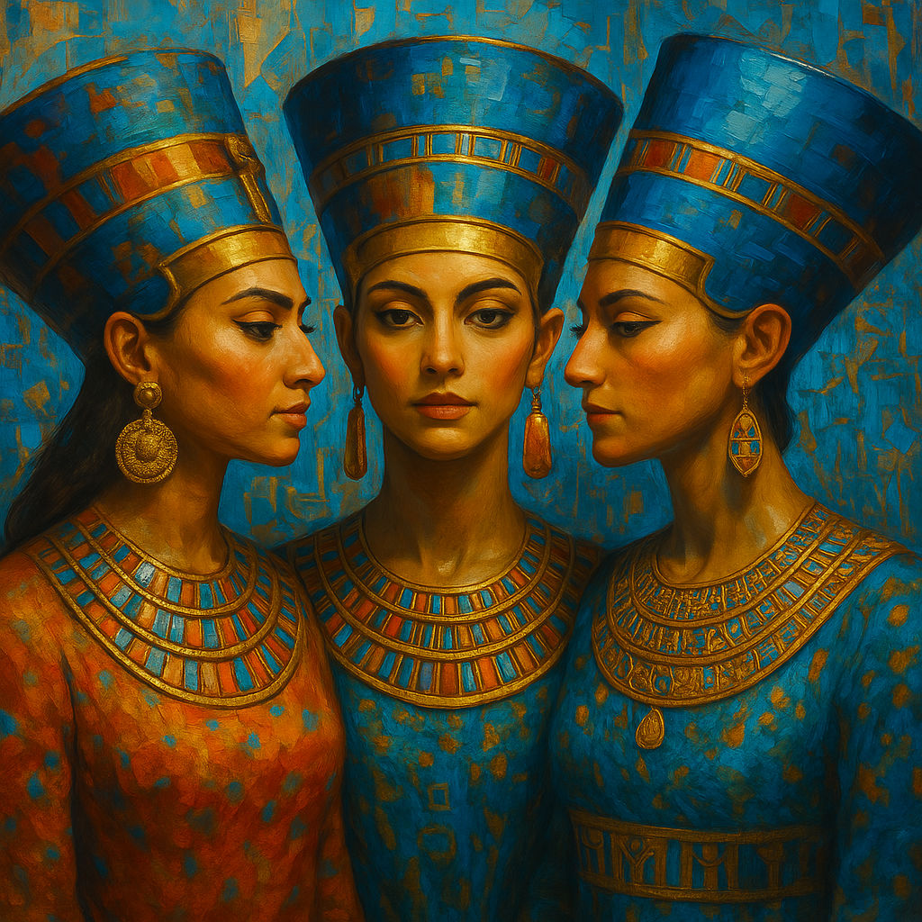 Photographic a vibrant, abstract painting featuring three Egyptian Queens adorned with intricate jewelry, set against a textured blue backgr...