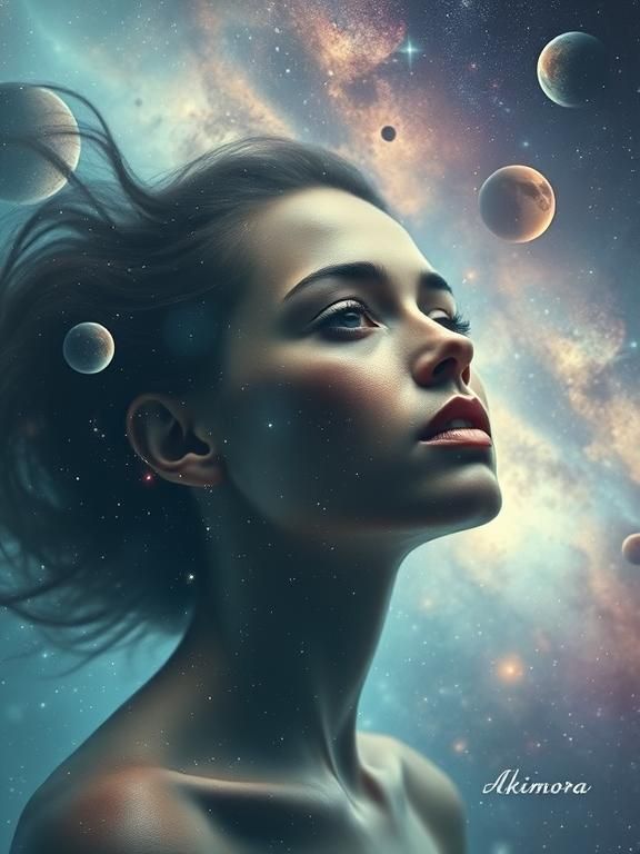 <lora:Abstract Reality:1.0> <lora:Akimora:1.0> Portrait where the model breaks off into a serene cosmic backdrop full of galaxies, planets, ...