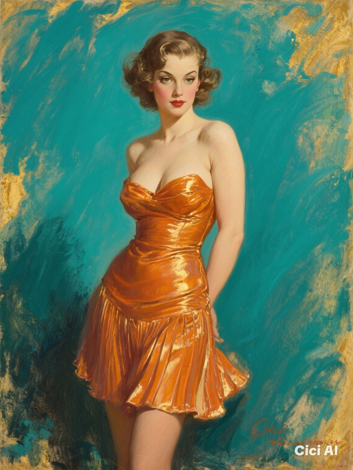 STYLE: "A fusion of Gil Elvgren+John Singer Sargent+impressionist technique where subjects are rendered with painterly brushstrokes that ble...