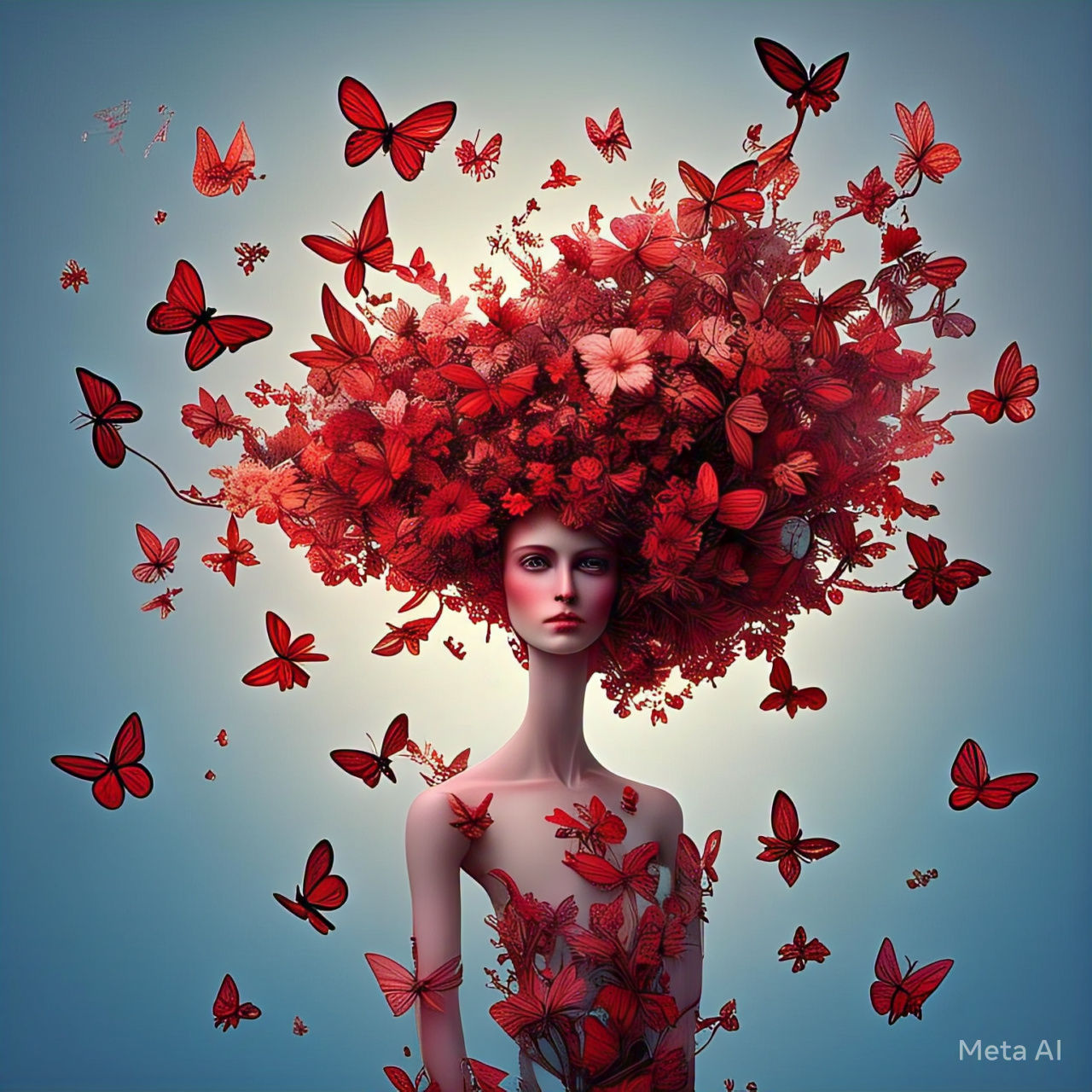 A surreal figure made of red butterflies, levitating against a soft blue background. The figure’s hair is a crown of vibrant blossoms, with ...