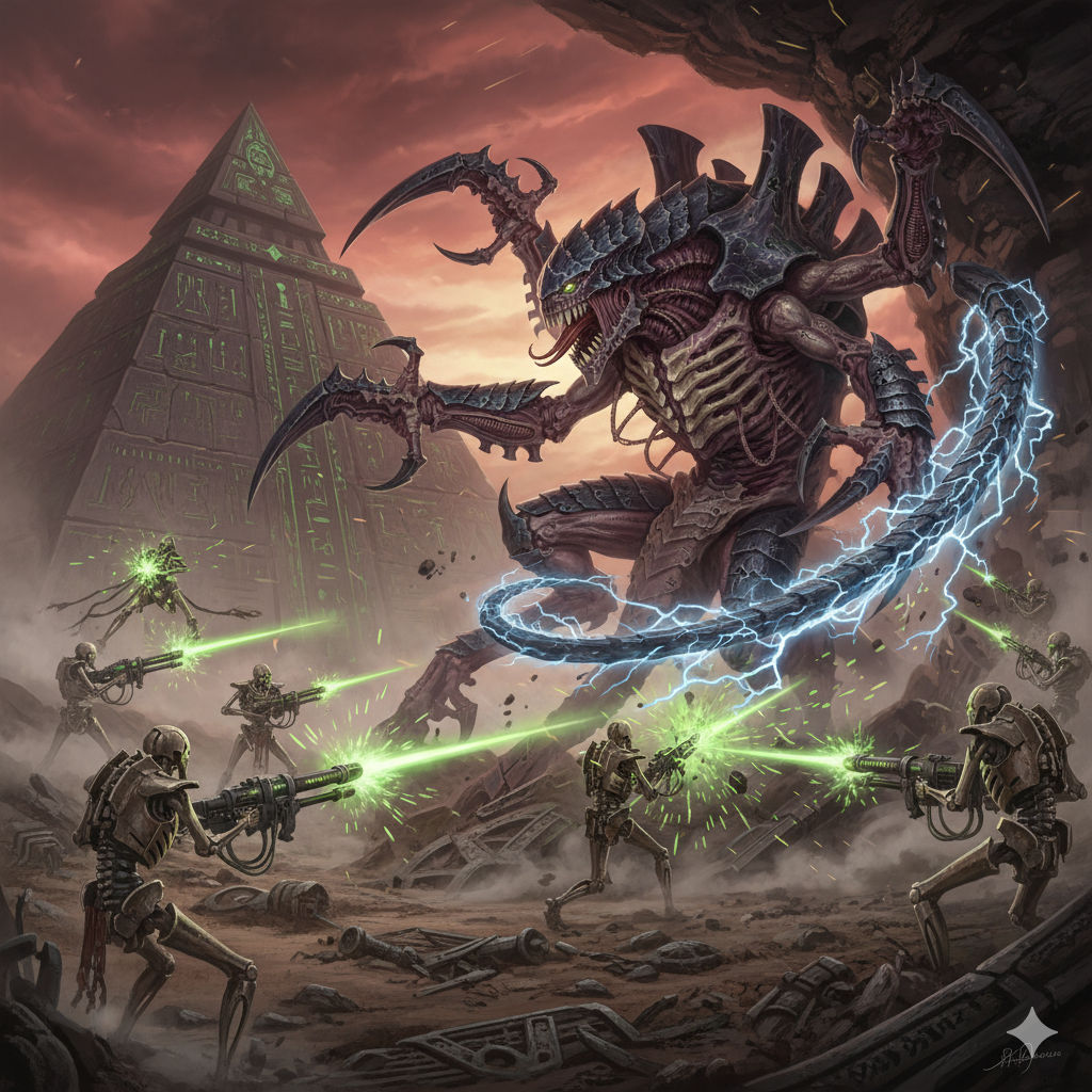 A Tyranid bursts forth and attacks a group of Necron Warriors with slashing claws and a whipping rail; the Necrons attempt to return fire wi...