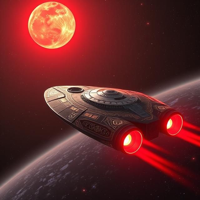 The USSF Nomada starship, with a curved hull, adorned with intricate damascene etchings and Shakudō metal inlays, under the soft glow of a g...