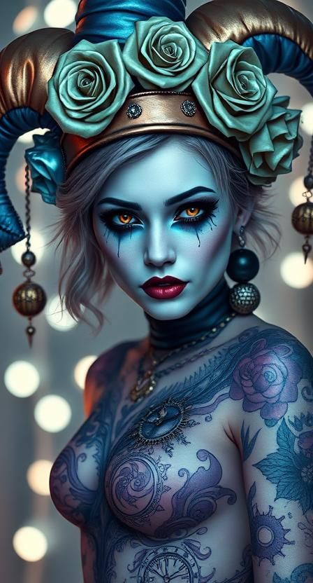 Microsoft Designer prompt 

a hyper-realistic fantasy portrait at posed at an angle of a pale-skinned gothic harlequin woman with glowing am...