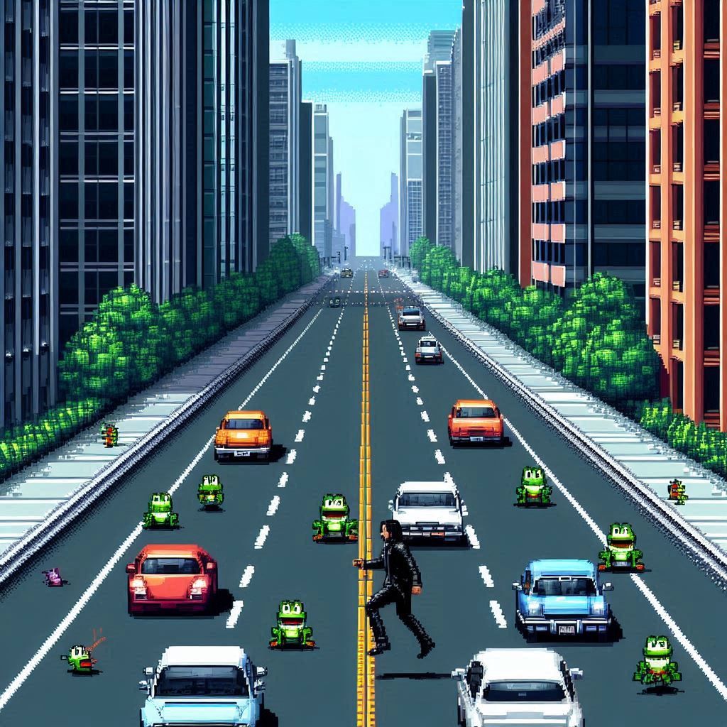 John Wick in this pixel game of frogger was trying to jump past the cars on the road.