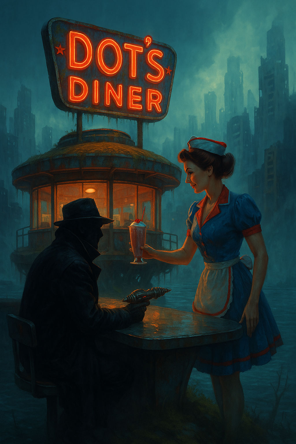 Atompunk waitress serves a milk shake to a shady character in a  diner. The city is crumbling. Digital painting, concept art, raygun gothic,...