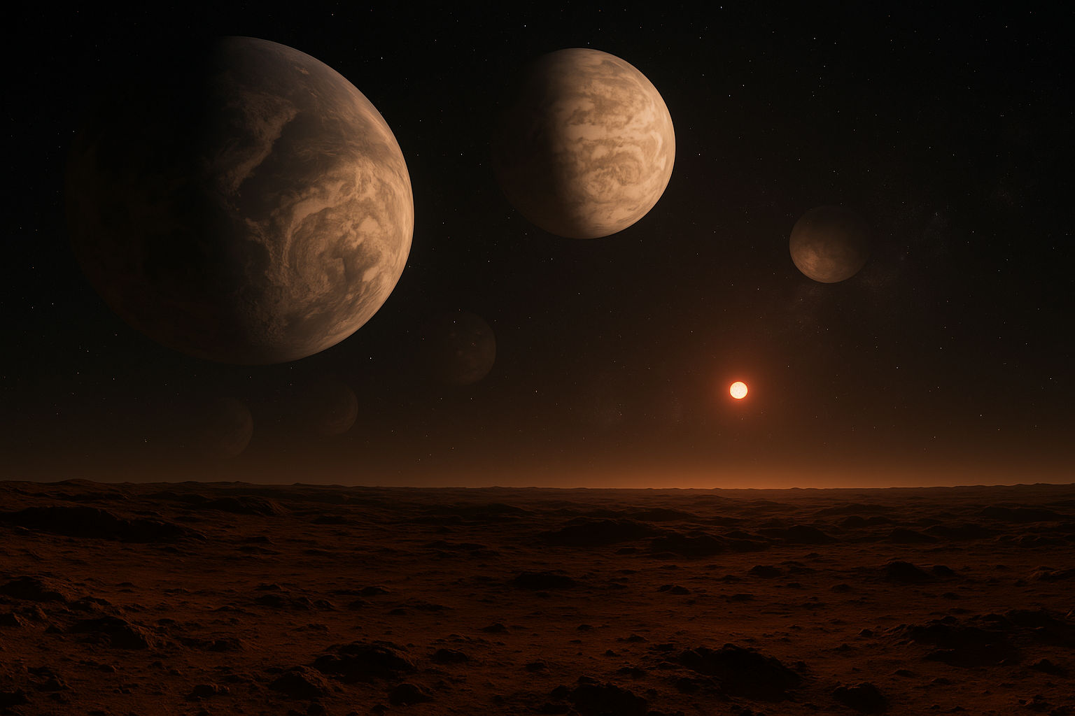 Photographic realistic Standing on TRAPPIST-1b's surface, a planet revolving around TRAPPIST-1, a tiny, ultra-cool dwarf star located 39 lig...