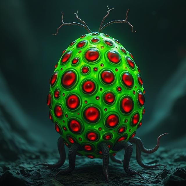 an egg in the form of an alien, glowing green shell, millions of eyes all over the eggs, antennae on top, tentacle arms, and legs,  sci-fi ,...