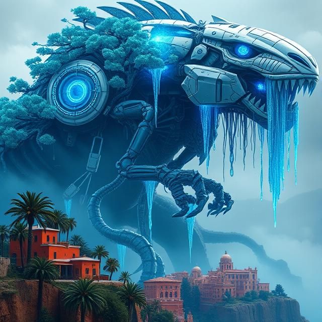 A colossal ancient cybernetic beast with glowing blue spiral eye and segmented white armor plating along its curved spine, draped with gnarl...