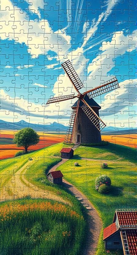  A 3D textured ((jigsaw puzzle 1.8)) of (Windmill scene) composed entirely of ((jigsaw puzzle pieces)) puzzle pieces are swept off the lands...