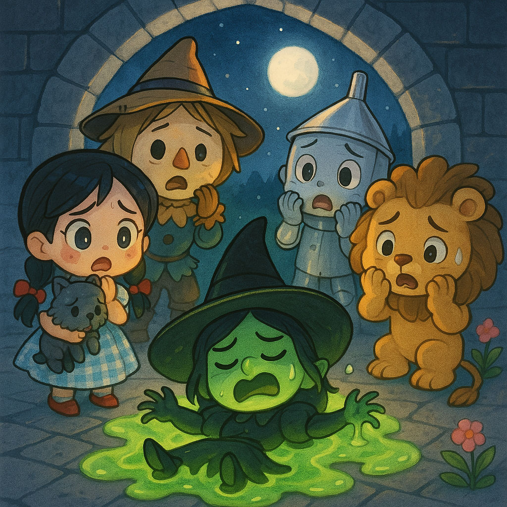 A whimsical scene from the Wizard of Oz, with the Wicked Witch of the West melting into a puddle of green. She is surrounded by cute, Chibi-...