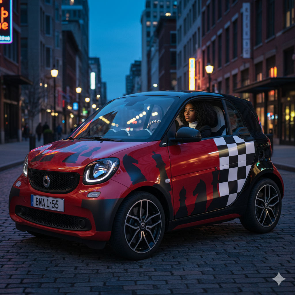 A Black Young female is driving A sleek red and black Smart Fortwo parked in an urban setting, customized with a bold chess-inspired design....