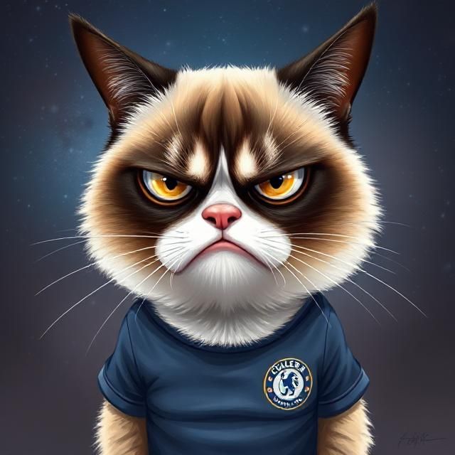 Professional caricature portrait, Grumpy Cat with massively exaggerated perpetual frown, downturned mouth extended dramatically below jaw li...