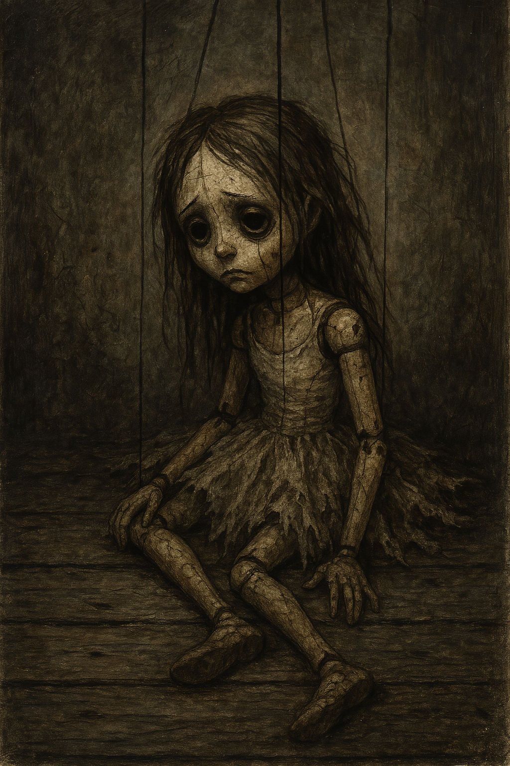 lonely puppet girl in tattered tutu