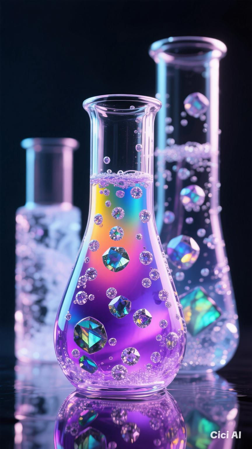 Vases beakers cylinders monore glass Abstract multicolored liquid frozen liquid bubbles dotted diamondelle and labradorite luminescent iced ...