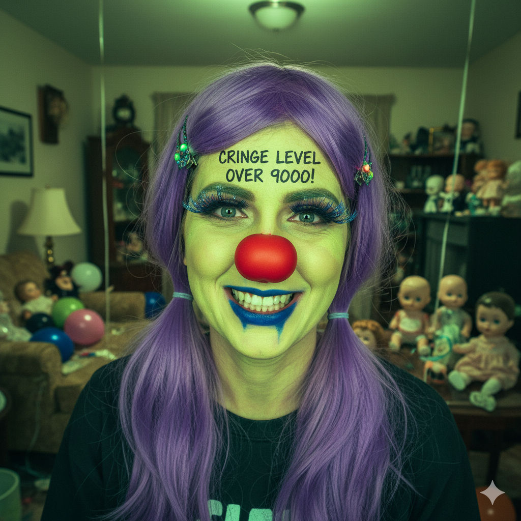 (cringe:2.0) [Ultra mega cringe] cringe level over 9000! garish, creepy, awkward. unsettling 