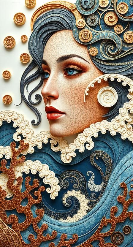 A female portrait <lora:Zentangle:1.0> <lora:Quilling Flux:1.0> Abstract op-art ocean of waves formed by hand-cut paper spirals, quilling co...