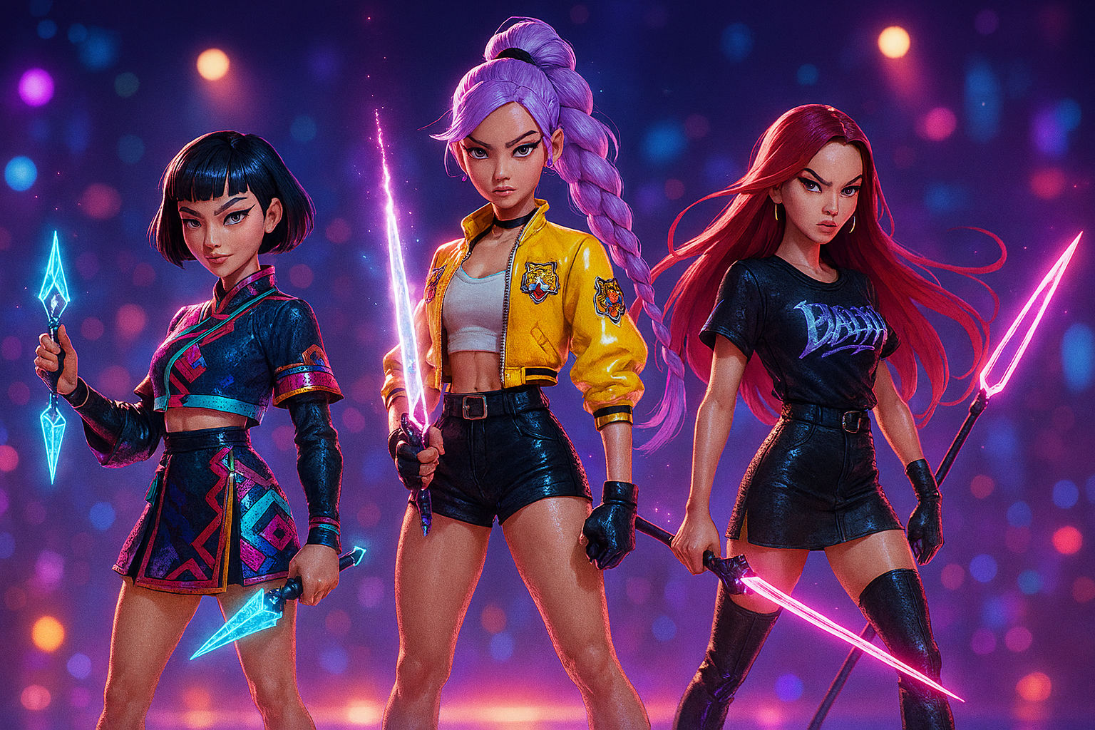 A group of fierce, stylish K-pop idol demon hunters striking a powerful pose on a glowing stage. Three young women, each with vibrant, anime...