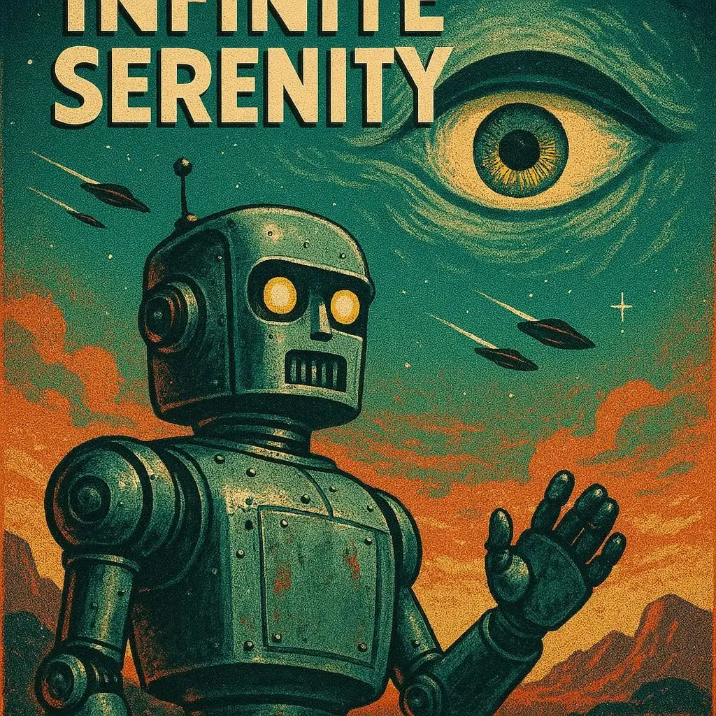 <lora:RG Infinite Serenity:1.0> <lora:Vintage robot:1.0>  <lora:eye in the sky:1.0> mid century retro futuristic sci-fi movie poster