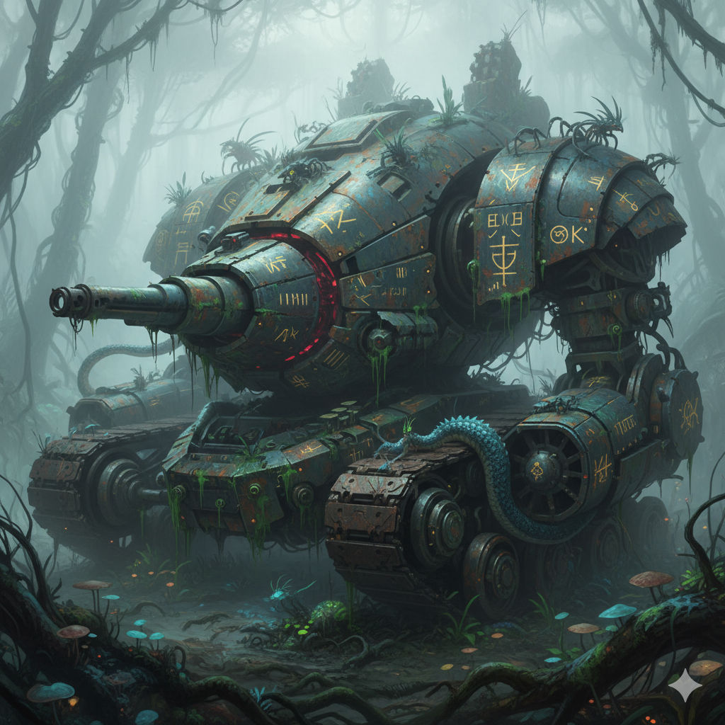 A colossal, ancient war machine, scarred by countless battles, lies dormant in a mist-shrouded alien jungle. Bioluminescent flora illuminate...