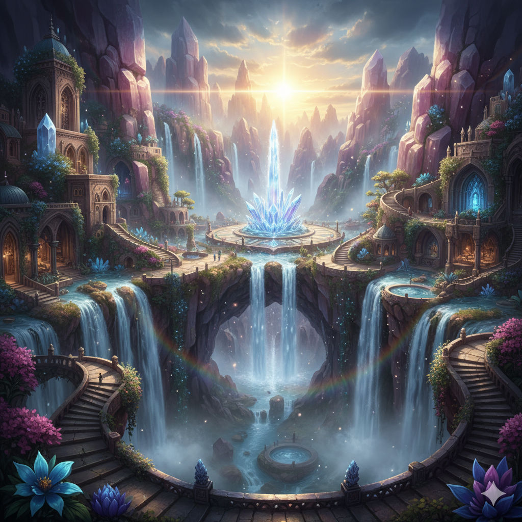 Romantic fantasy landscape in the style of Caspar David Friedrich meets Thomas Cole depicting a mystical city neighborhood where spring wate...